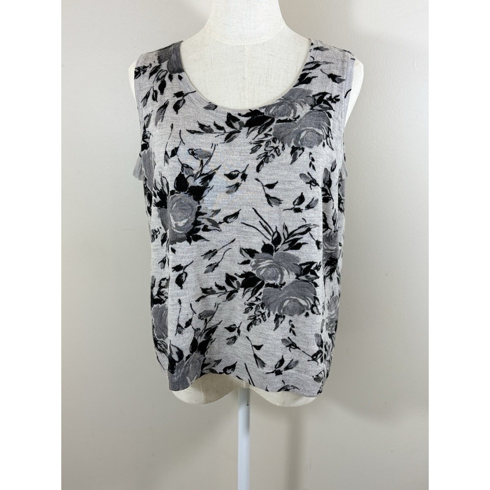 Talbots Pure Merino Wool Sweater Tank Women 2XP Gray Floral Sleeveless Petite
